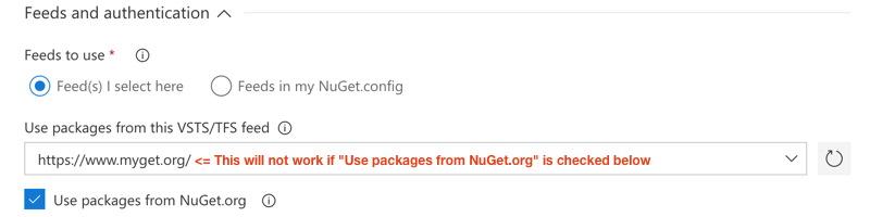 Use separate NuGet build tasks with NuGet.Config for additional packages